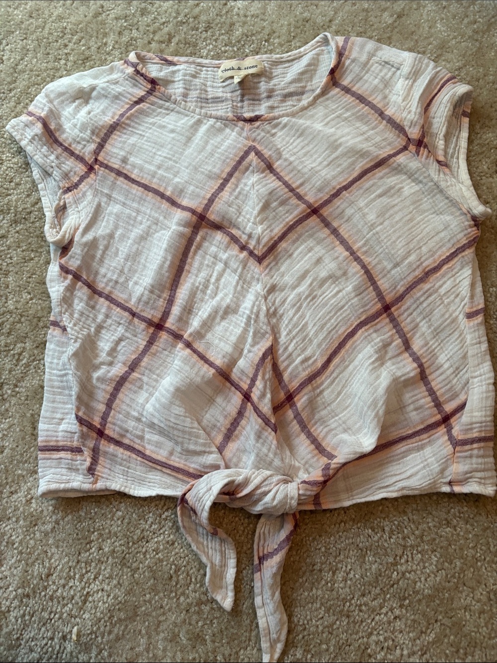 cloth & stone White Cropped Tie-Front Blouse with Lavender Plaid